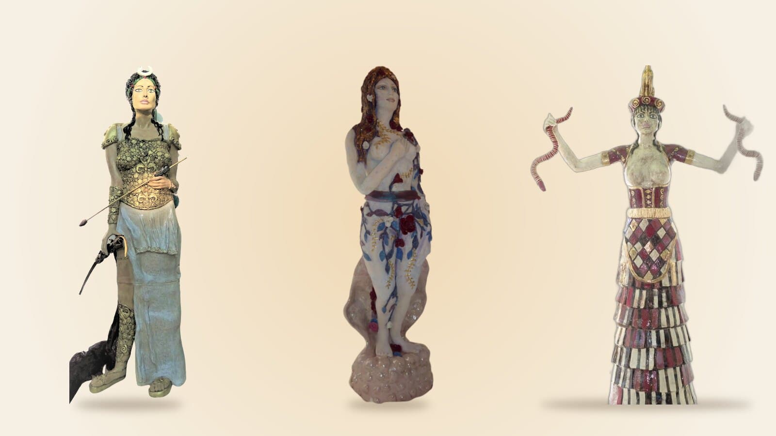 Ceramic sculptures by Silvia Steiger: Artemis, Aphrodite and a homage to the Minoan Snake Goddess