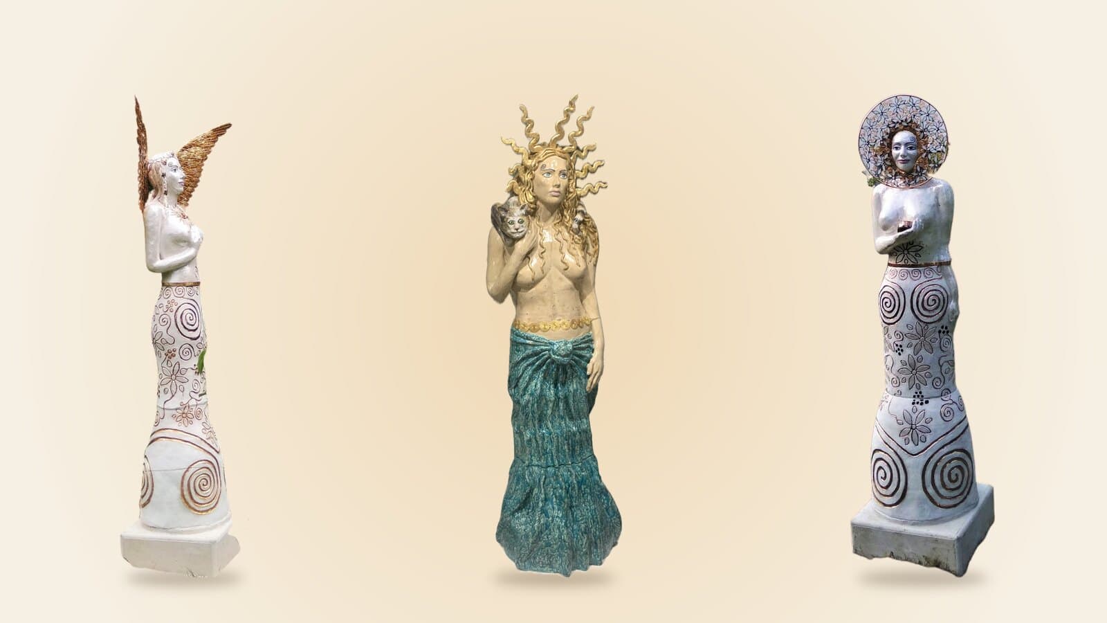 Ceramic sculptures by Silvia Steiger: Freya I, Freya II and Frau Holle
