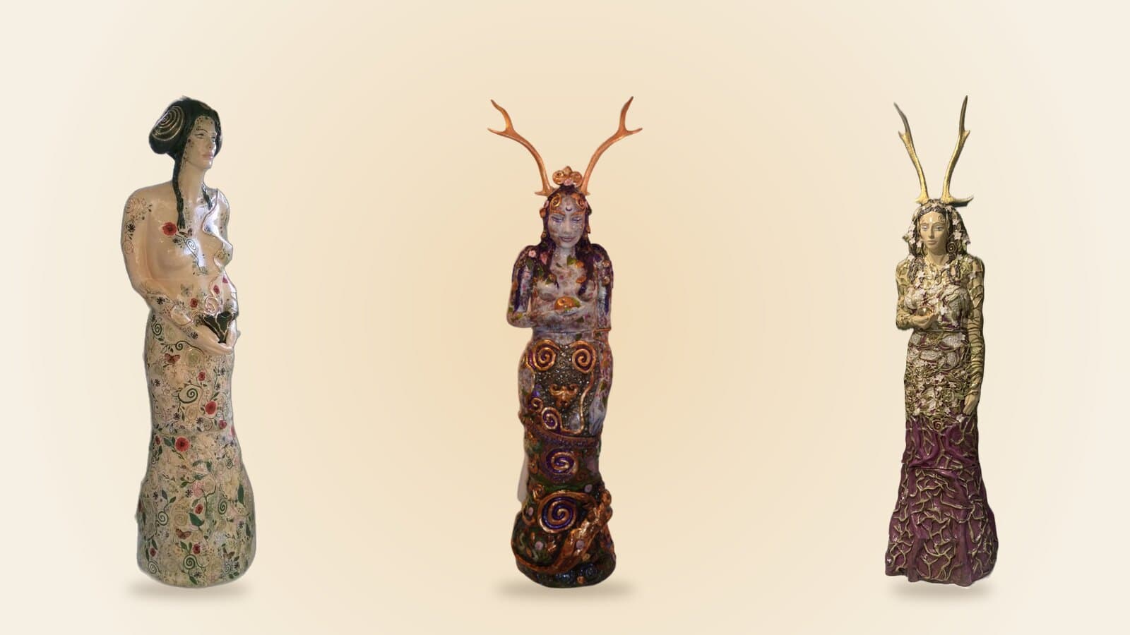 Ceramic sculptures by Silvia Steiger: Cerridwen, Lady of Avalon I and Lady of Avalon II